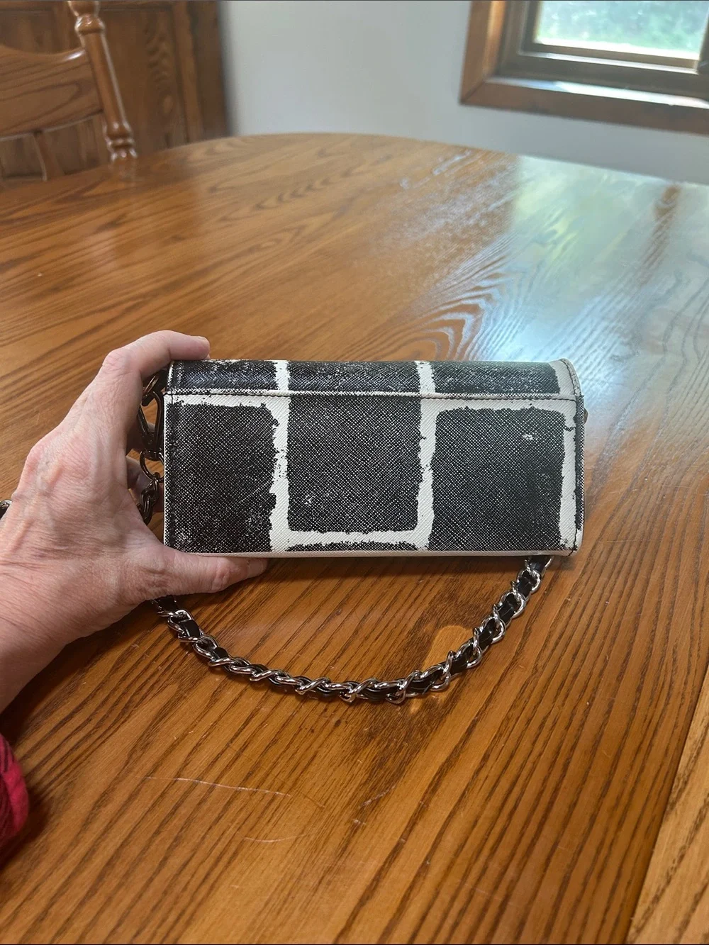 L.A.M.B. Black and White Graphic Wallet with Silver-tone Ribbon Chain